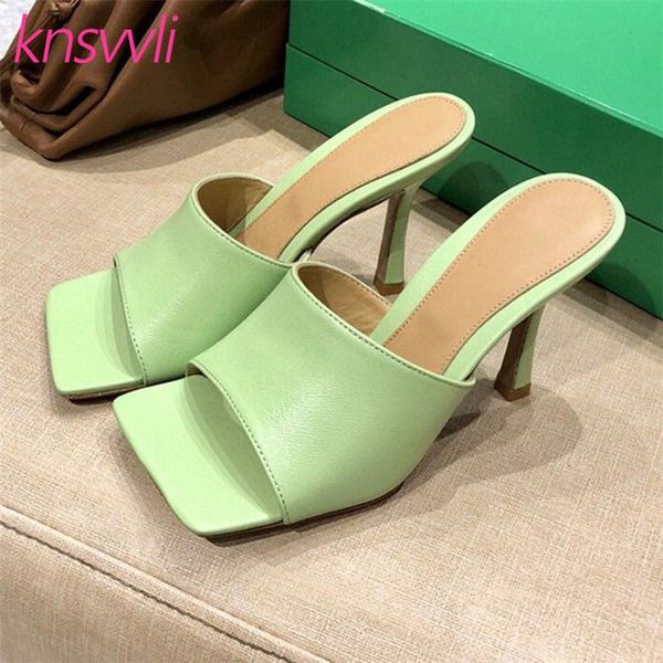 

catwalk square toe high heels women slippers genuine leather mules summer designer sandals woman thin party shoes, Black