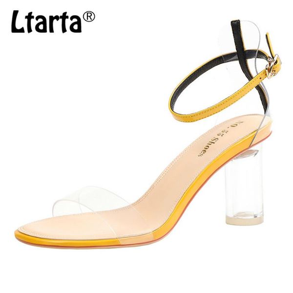 

7.5cm 2021 summer fashion word with open toe high heels thick heel shallow mouth transparent women sandals lsj, Black