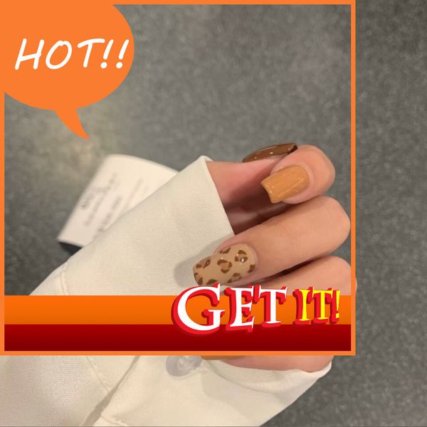 

decorated nail stylist diy hand nina pd-12 yellow coffee leopard fake nail patch wear enhancement finished, Red;gold