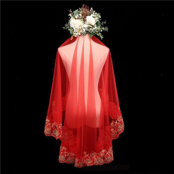 

bridal veils 2021 short red elbow length gold lace appliques velos de novia wedding accessories cap for bride, Black