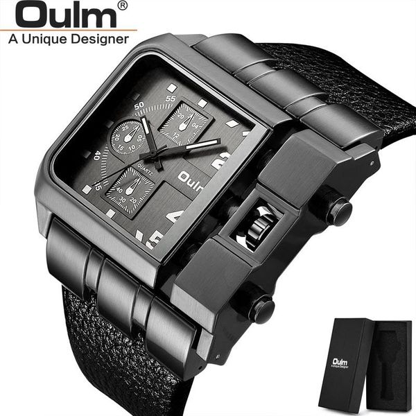 

wristwatches oulm brand hp3364 original unique design square men wristwatch wide big dial casual leather strap quartz watch reloj hombre, Slivery;brown