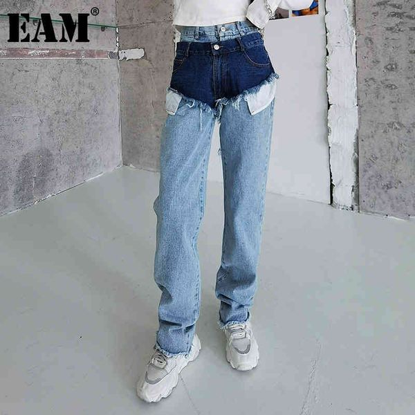 

[eam] high waist wide leg blue denim burrs hole spliced jeans loose women trousers fashion spring autumn 1dd6368 21512