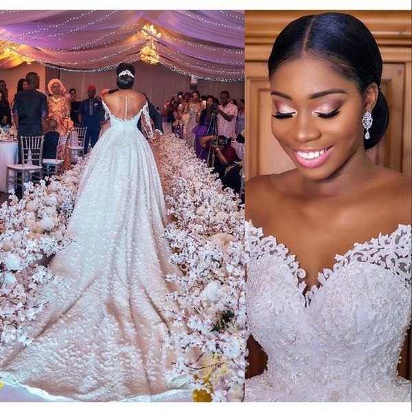 

2021 african luxury long sleeve ball gown wedding dress illusion pearl beaded lace bridal gowns vestido de noiva cathedral train with flower, White