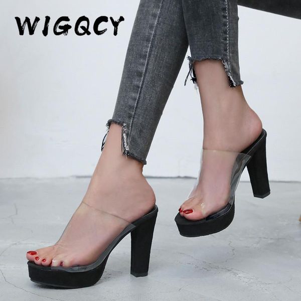 

dress shoes high heels women pvc transparent sandals platform summer open toe pumps size 44, Black