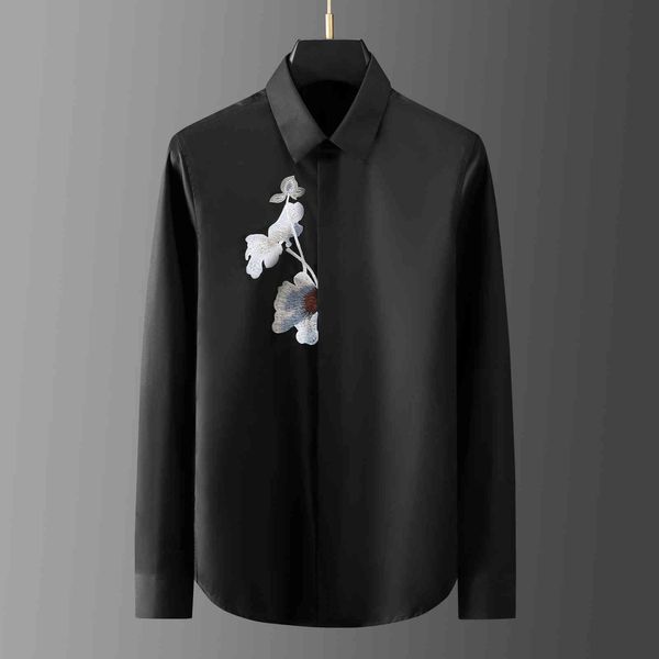 

business shirt deluxe and spring show exquisite lotus embroidery long sleeve men's casual top, White;black