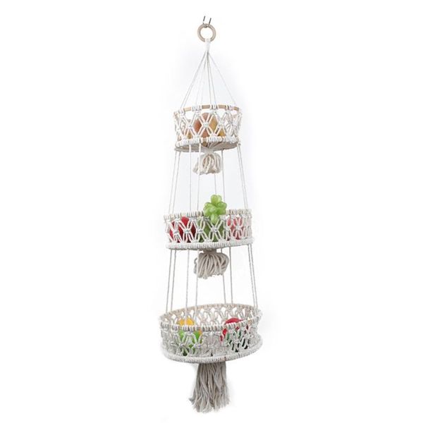 

kitchen storage & organization hanging fruit basket 3 tier woven cotton rope wall baskets produce organizer plant holder macrame boho home