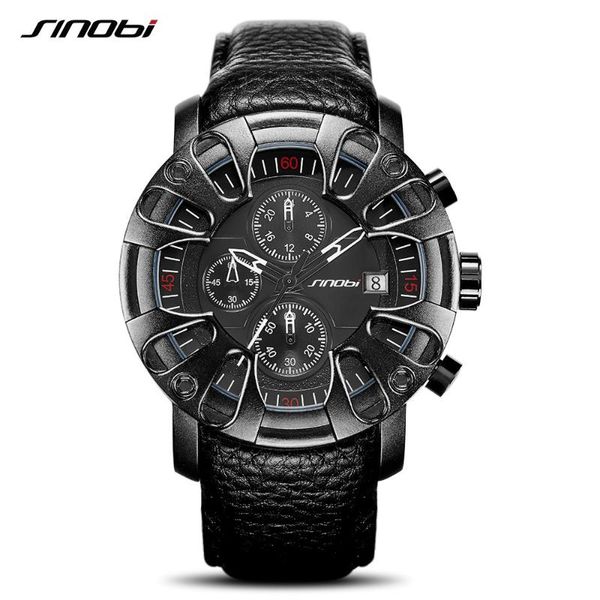 

wristwatches sinobi creative car design fashion leather men watches brand canlender man quartz wristwacthes chronograph military clock 2, Slivery;brown