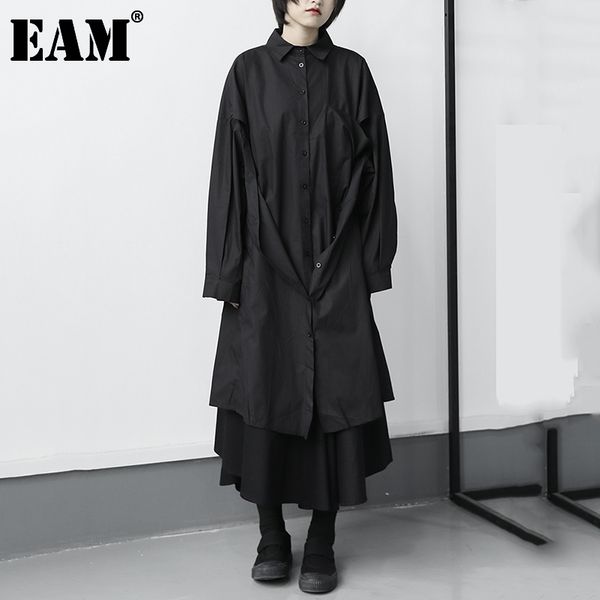 

[eam] women black irregular knot big size dress lapel long sleeve loose fit fashion spring autumn 1db231 210512, Black;gray