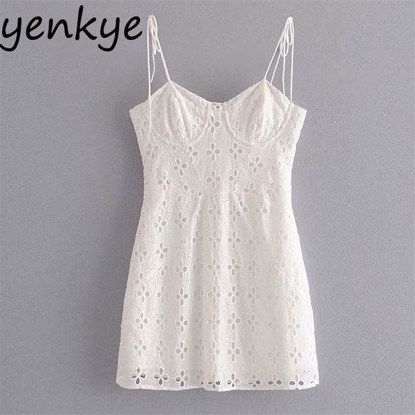 

summer women openwork floral embroidery sleeveless sling white romantic night out party mini dress short robe 210514, Black;gray