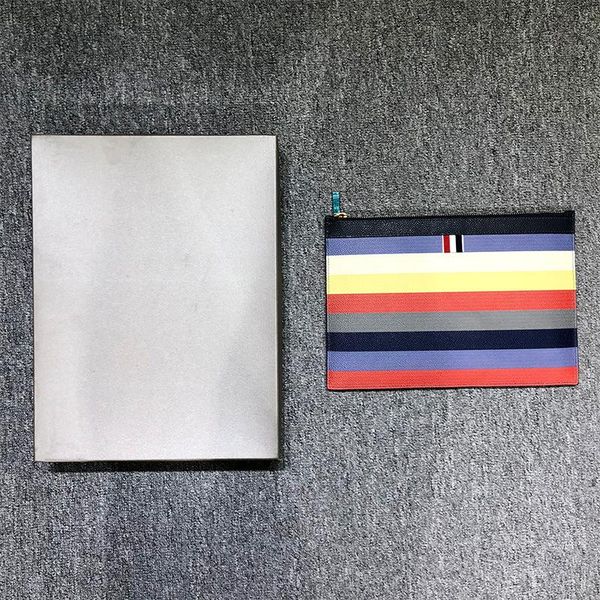 

fashion brand briefcase genuine leather messenger bags cowhide rainbow striped casual envelope bag men women hand briefcases