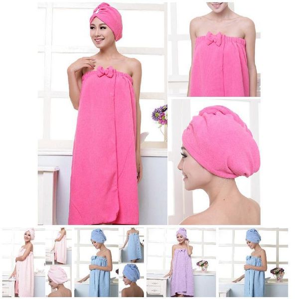 

towel soft microfiber magic absorbent dry spa bath beach bathrobe+cap for women girls d1