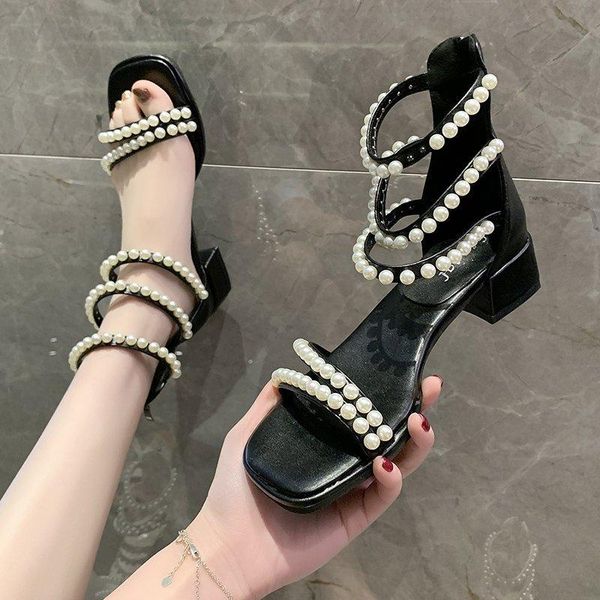 

sandals 2021 spring temperament high-heeled with thick-heeled roman shoes female fairy style pearl, Black