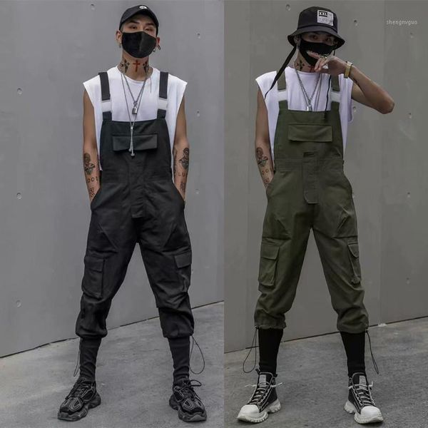 

spring summer men hip hop jumpsuit multi pockets punk overall harem cargo pants man vintage fashion street wear men's, Black