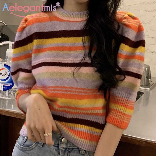 Aelegantmis manga curta arco-íris camisolas pullover primavera slim base retro listras femlae knit elasticidade de malha tops aconchegante 210607