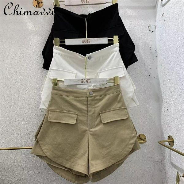 

summer retro solid color high waist slimming short pants women all-match loose a-line wide leg slit shorts for lady women's, White;black
