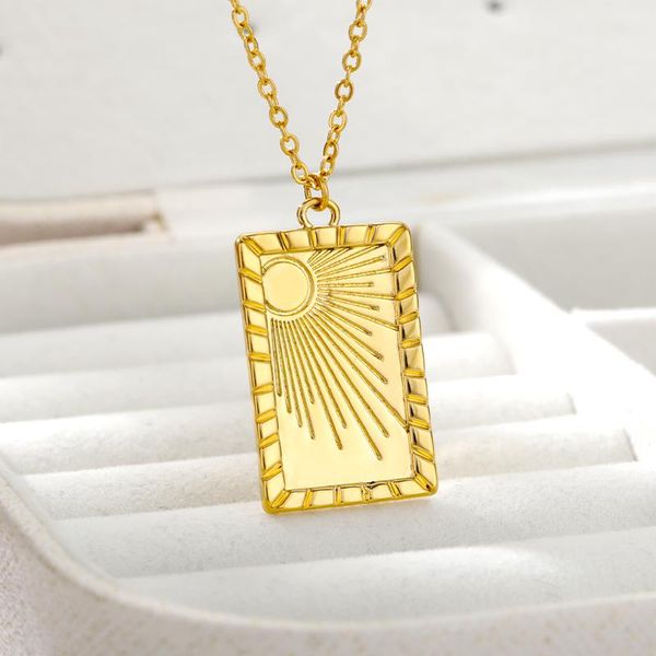 

pendant necklaces stainless steel embossing sun for women vintage gold square choker charms christmas jewelry gift, Silver