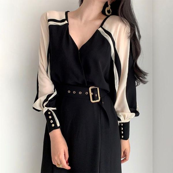 

casual dresses korean chic autumn temperament retro elegant v-neck contrast color women sashes patchwork long sleeve robe mujer vestido, Black;gray