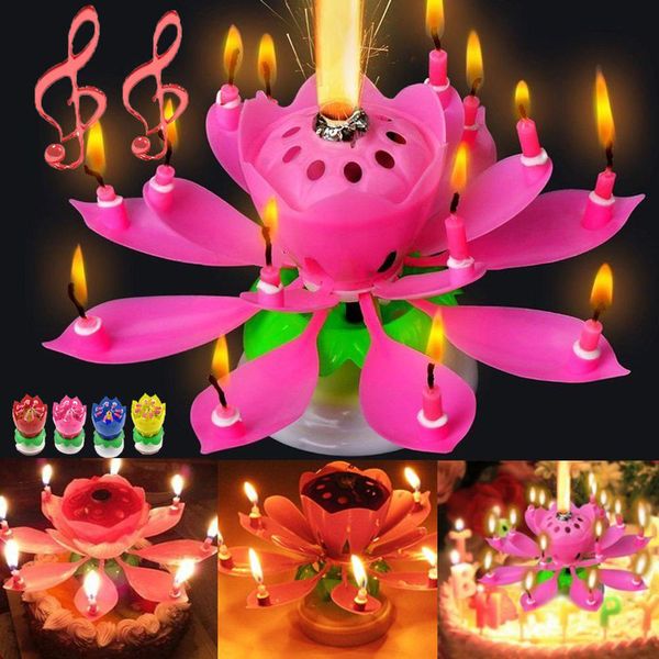 Candela musicale romantica Fiore di loto Luci d'arte di buon compleanno per la decorazione di torte fai da te Regalo per bambini Festa di nozze