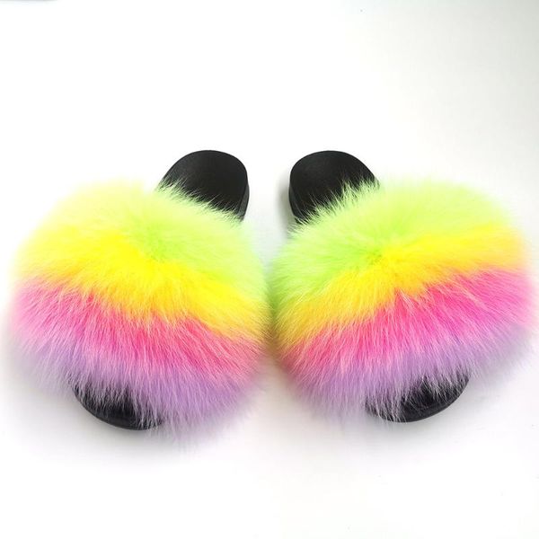 

multi color fury designer rainbow slippers cute plush womens sandals 2021 real big fur slide shoes for women, Black