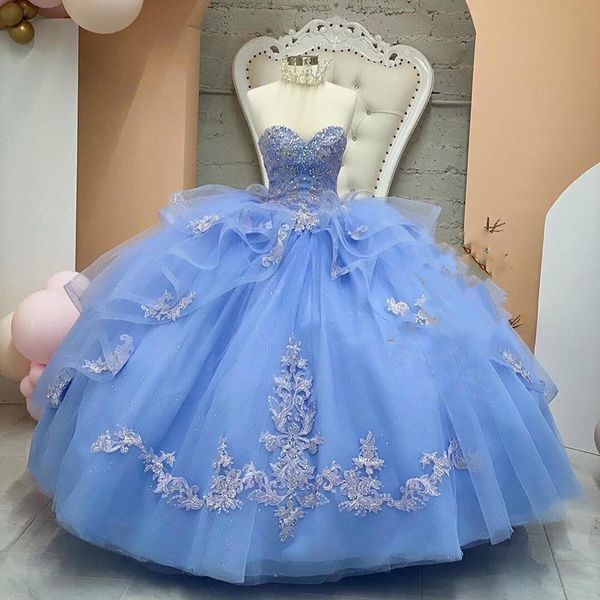 Princesa Puffy Ball Vestido Quinceanera Vestidos Cristais Frisado Sweetheart Luz Céu Azul Doce 16 Vestido Lace Appliqued CorSet 15 Long Brithday Prom Festa Vestidos 2021