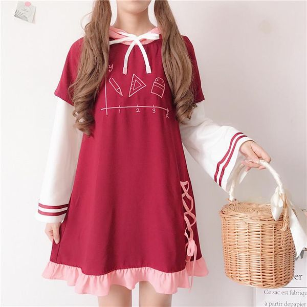 

casual dresses spring japanese mori girl sweet / cute princess fake two pieces loose kawaii dress lolita style college elegant, Black;gray