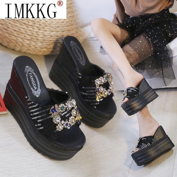 

crystal slippers women summer platform wedge sandals high heels beach slides, Black