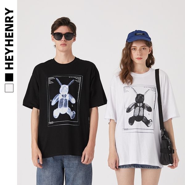 

henry 2020 new harajuku fashion brand rabbit neutral trend short sleeve t-shirt men's pure cotton, White;black