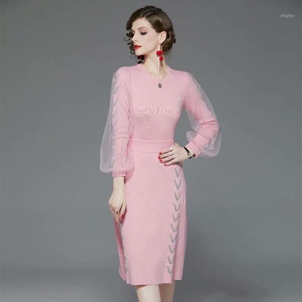 

two piece dress europe 2021 women spring high street fashion quality-knit gauze patchwork sweater two-piece set female office ol formal, White