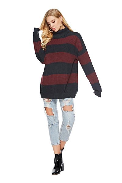 

winter women turtleneck pullover stripe loose sweater knit sweart streetwear women's sweaters, White;black