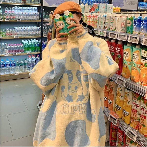 

men's sweaters female winter jerseys beautiful candy from the cartoon cow high-neck sweater of korean student kawaii oversize versatile, White;black