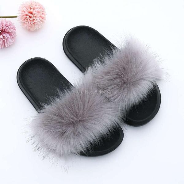 

slippers factory designer ladies fur realimitation imitation hair slides for women girls, Black