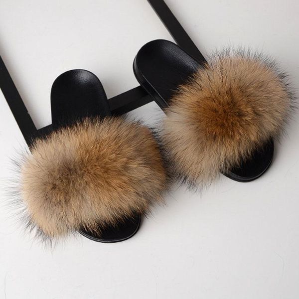 

women's fur slippers wear fashion flat shoes, Black