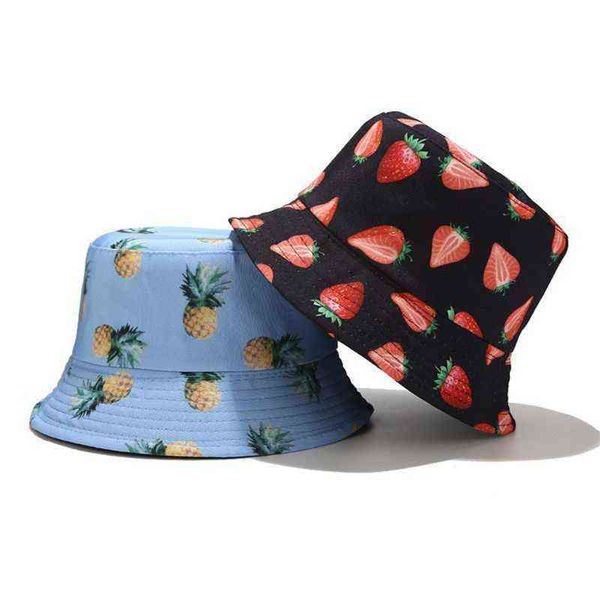 

summer two sides wear reversible bucket hat bohemian pineapple watermelon fruits printing foldable fisherman cap g220311, Blue;gray