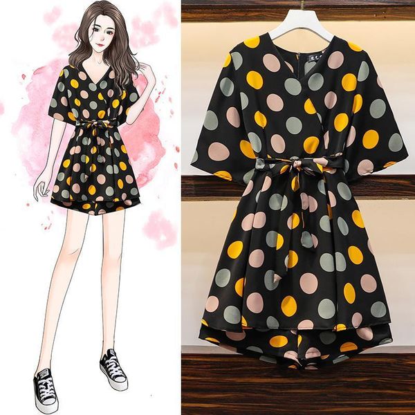 

women's shorts big size m-4xl set of two pieces summer general floral fashion + elastic waist shorts 2 piece v-neck suits j5rj, White;black