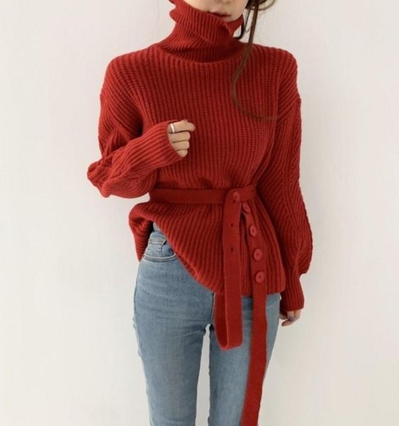 

women's sweaters 2021 autumn winter high-neck lace-up knitted pullover sweater loose retro style elegant top, White;black