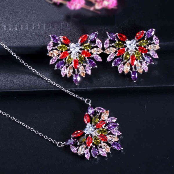 

korean peach heart color zircon necklace earrings two-piece set platinum plated anti allergy headpiece, Black