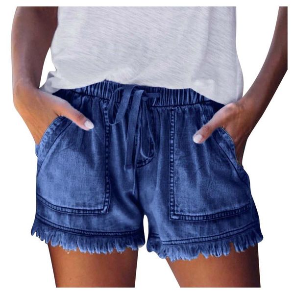 

women's shorts summer high-waist elastic jeans casual pocket tassel strap bottom denim, White;black
