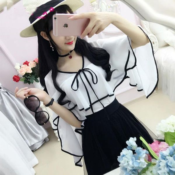 

women's blouses & shirts 2021 summer women chiffon shirt white lotus leaf sleeve black border sunscreen clothes students