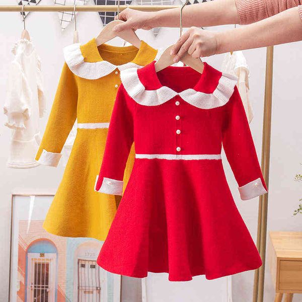 

kids girls autumn sweater knitted princess dress children toddler a-line clothes g1218, Red;yellow