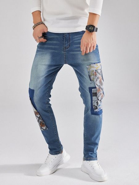 

men geo patched cat whisker jeans e7zb#, Blue