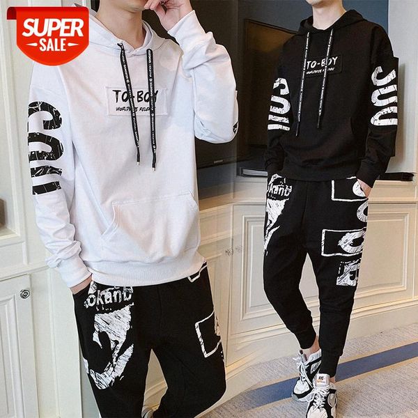 

sports suit men's jacket korean hooded pullover sweater young handsome two-piece #iv0g, Black