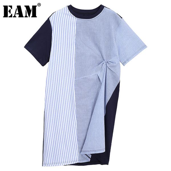 

[eam] women big size black irregular striped dress round neck half sleeve loose fit fashion spring summer 1dd7752 210512, Black;gray