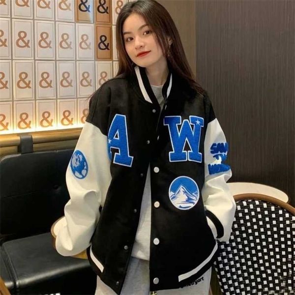 

women letter print baseball uniform single breasted patchwork oversize jacket korean style harajuku bomber coat 211014, Black;brown