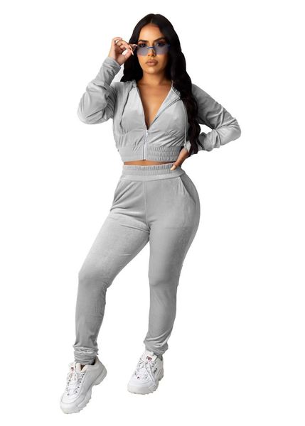

women velvet two piece set jogging suit zipper long sleeve hooded jacket crop pencil pants tracksuit mh939 women's, White