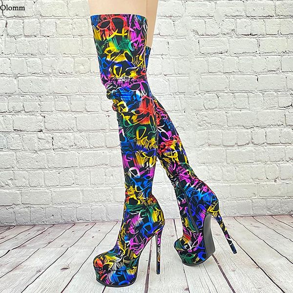 

boots olomm 2021 fashion women thigh high stiletto heels round toe multi color party shoes plus size 35-45, Black