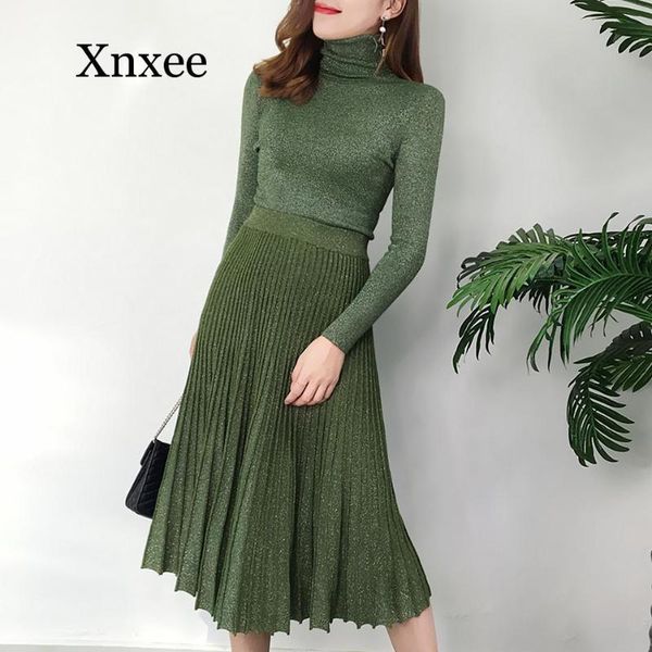 

women's autumn and winter retro bright silk turtleneck sweater suit pullover + long pleated skirt ladies 2021 two piece dress, White