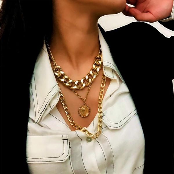 

pendant necklaces design multi layers metal human head chokers necklace women gold coin circle vintage chains wnw111, Silver