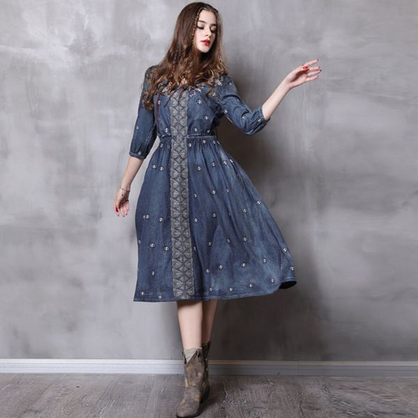 

johnature spring fashion retro embroidery v-neck half sleeve denim dress leisure comfortable women plus size dresses 210521, Black;gray