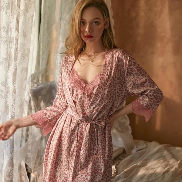 

women's sleepwear print robe gown women leopard lace satin chemise nightgown summer kimono bathrobe nightwear v-neck lingerie home wear, Black;red