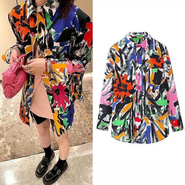 

women's blouses & shirts harajuku streetwear shirt fashion autumn vintage colorful printing long sleeve blusas y camisas sl023, White